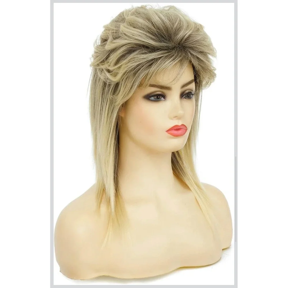 Swiking Mullet Wig Womens Blonde Black Curly 80s Rocker Cosplay Heat Resistant